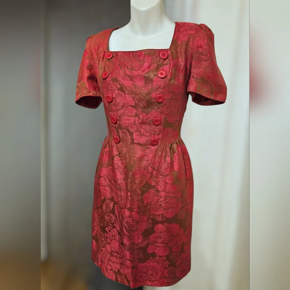 Vintage Albert Nipon Linen Brocade Dress Puffed Sleeves Floral Red